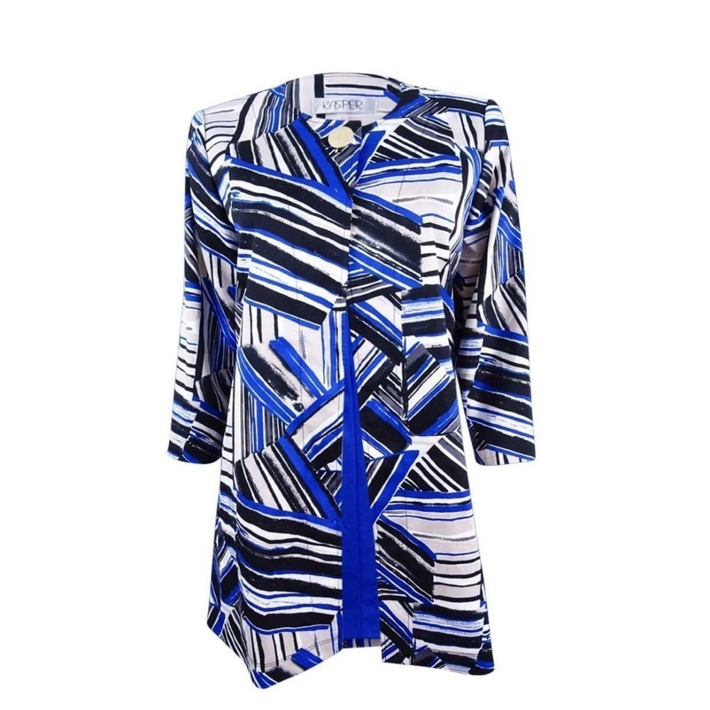 Kasper Blue & White Abstract 3/4 Length Sleeve One Button Flyaway Topper Blazer